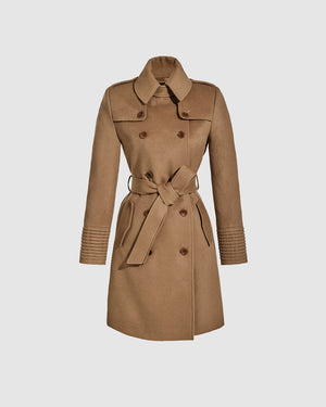 Sentaler mid length dark camel trench coat made of baby alpaca wool with a spread collar, buttoned and belted.