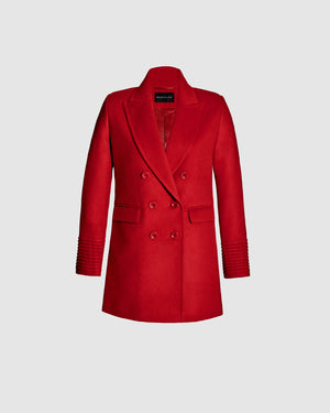 Sentaler scarlet red topcoat made of baby alpaca wool with a peak collar, buttoned.