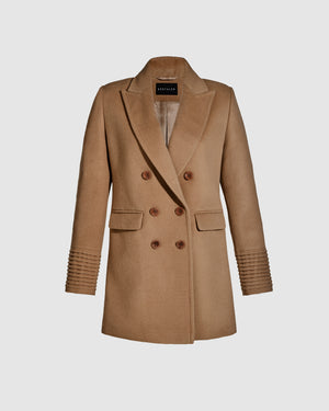 Sentaler dark camel topcoat with peak collar in baby alpaca wool, shown buttoned.