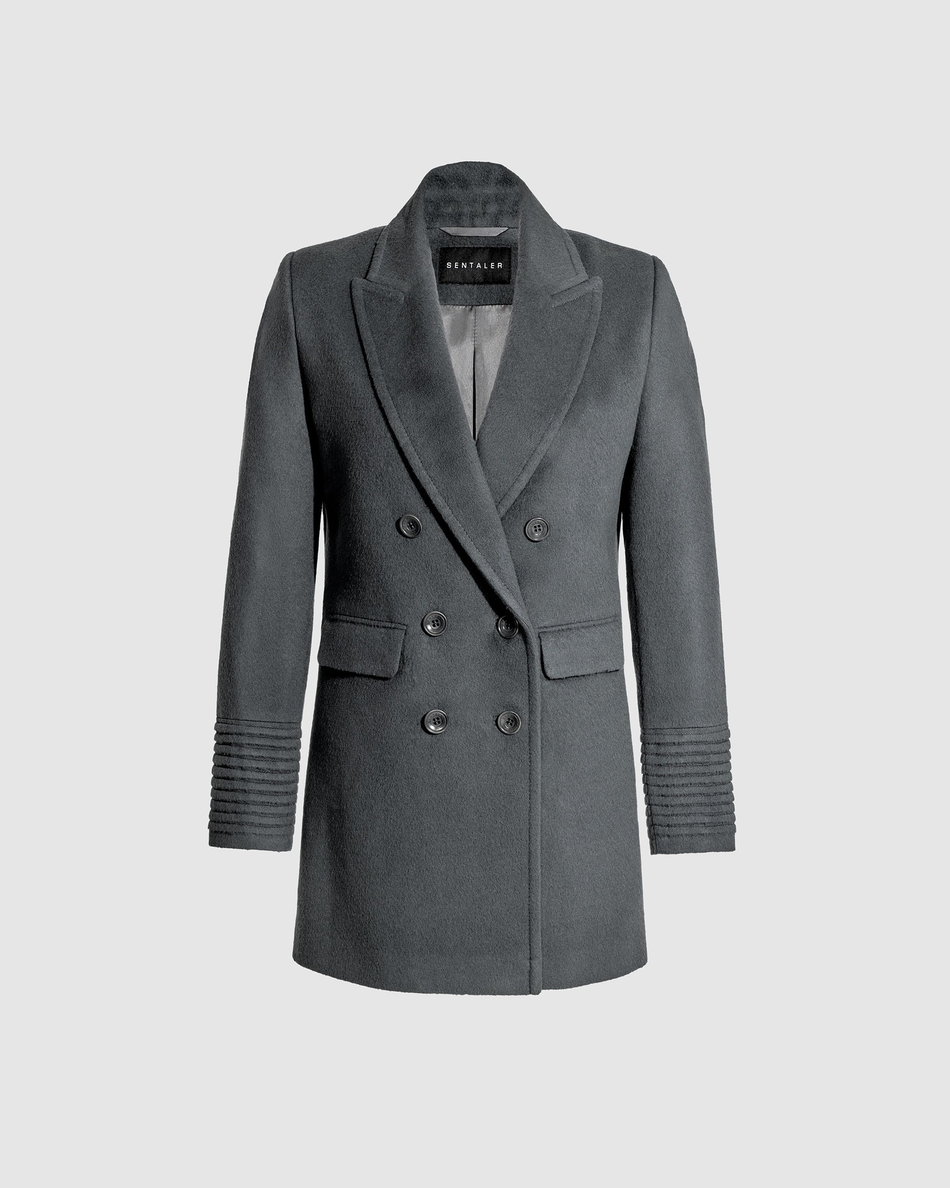 Sentaler graphite grey topcoat made of baby alpaca wool with a peak collar, displayed on a white background.