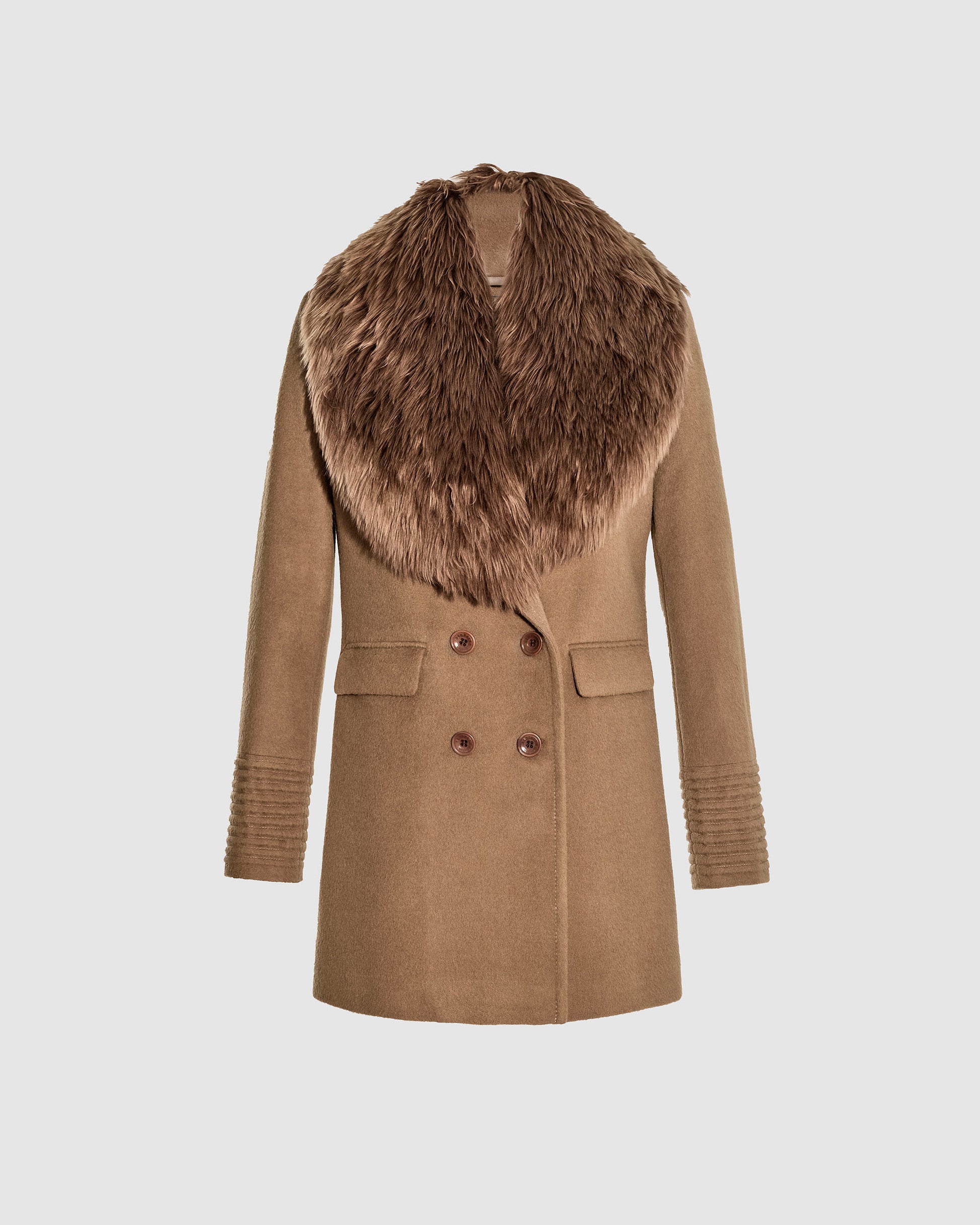 Sentaler dark camel peak collar topcoat made of baby alpaca wool with alpaca shearling collar, displayed on a white background.