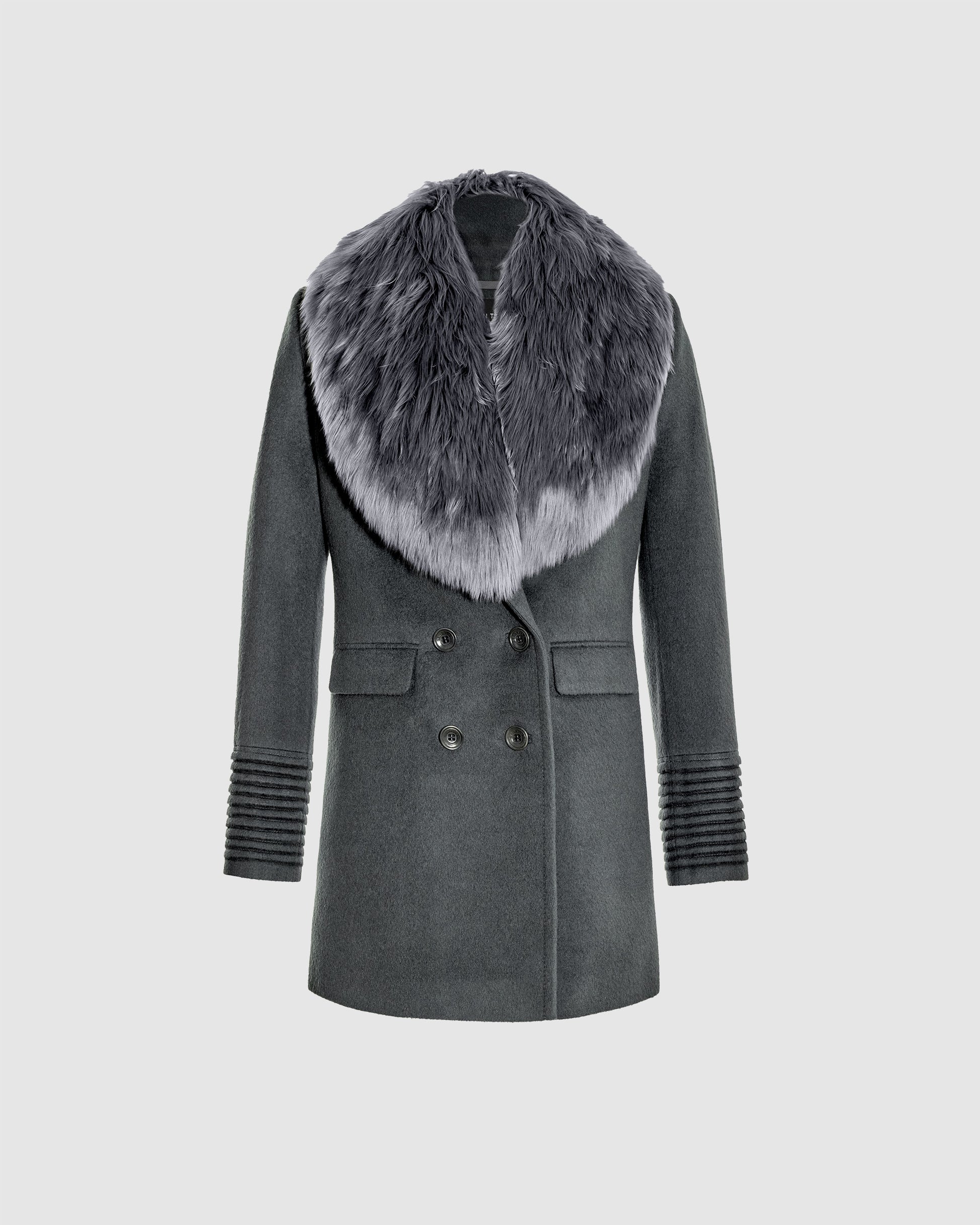 Sentaler graphite grey peak collar topcoat made of baby alpaca wool with alpaca shearling collar, displayed on a white background.