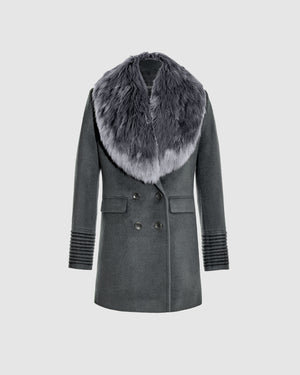 Sentaler graphite grey peak collar topcoat made of baby alpaca wool with alpaca shearling collar, displayed on a white background.