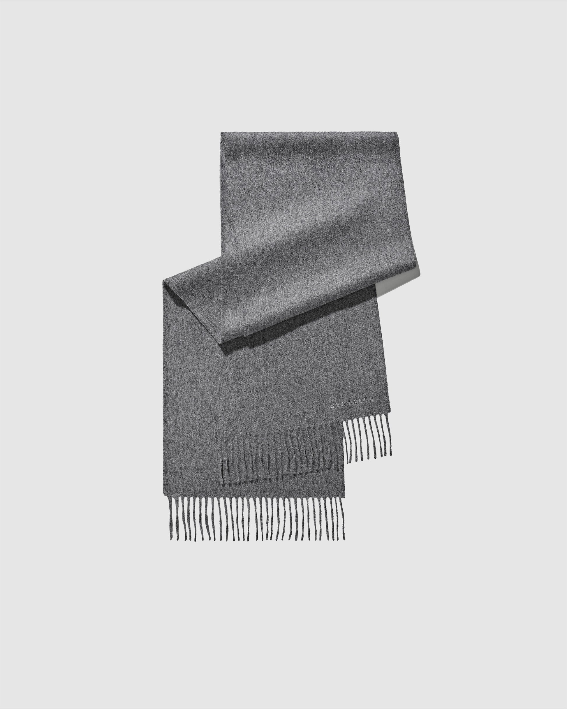 Sentaler Grey Mélange Baby Alpaca Classic Scarf in Alpaca yarn displayed on a white background. 