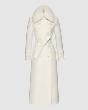 Sentaler maxi ivory trench coat made of baby alpaca wool with shearling collar, buttoned and belted.
