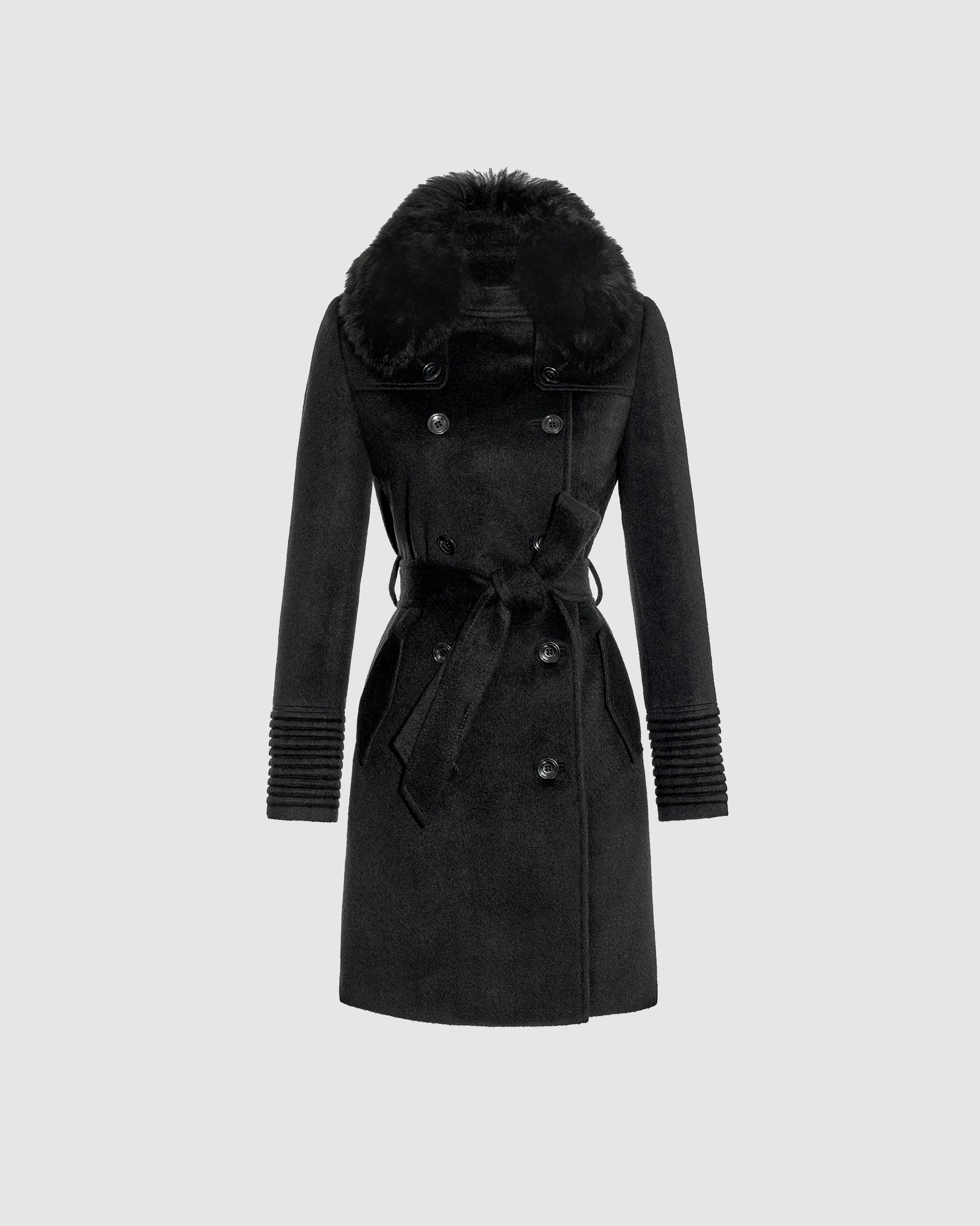 Sentaler mid length black trench coat made of baby alpaca wool with shearling collar, buttoned and belted.