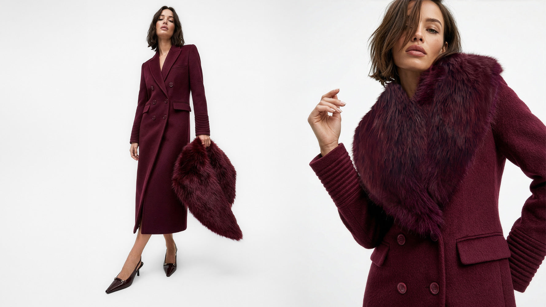 Front view of model wearing a Sentaler cherry lacquer double breasted maxi coat made of baby alpaca wool, with a peak collar, worn buttoned, paired with a cherry lacquer shearling collar.