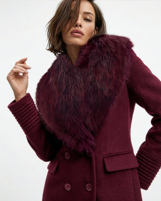 Front view of model wearing a Sentaler cherry lacquer double breasted maxi coat made of baby alpaca wool, with a peak collar, worn buttoned, paired with a cherry lacquer shearling collar.