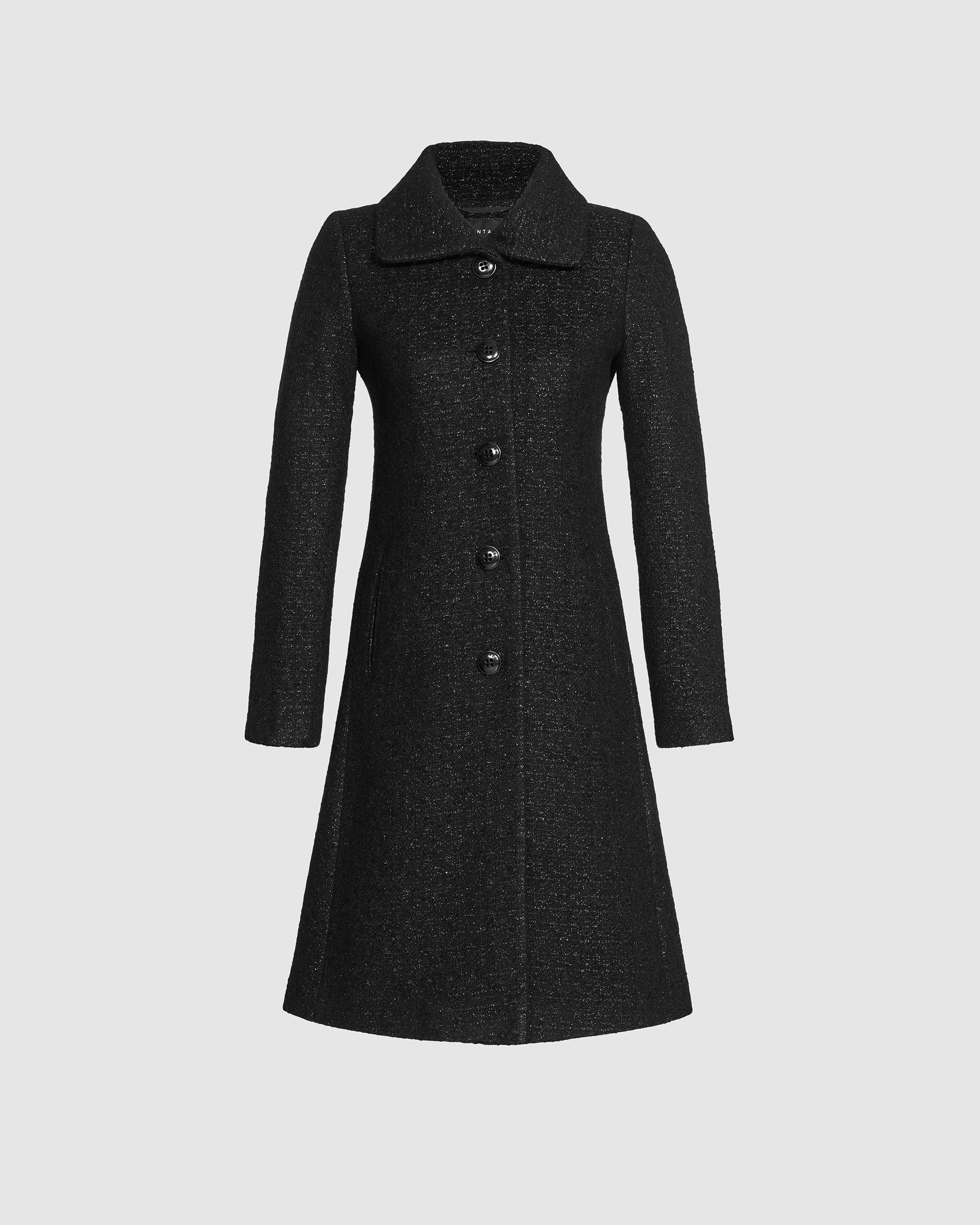 Sentaler black glittered A-line coat made of tweed suri alpaca wool with empire waist, buttoned.