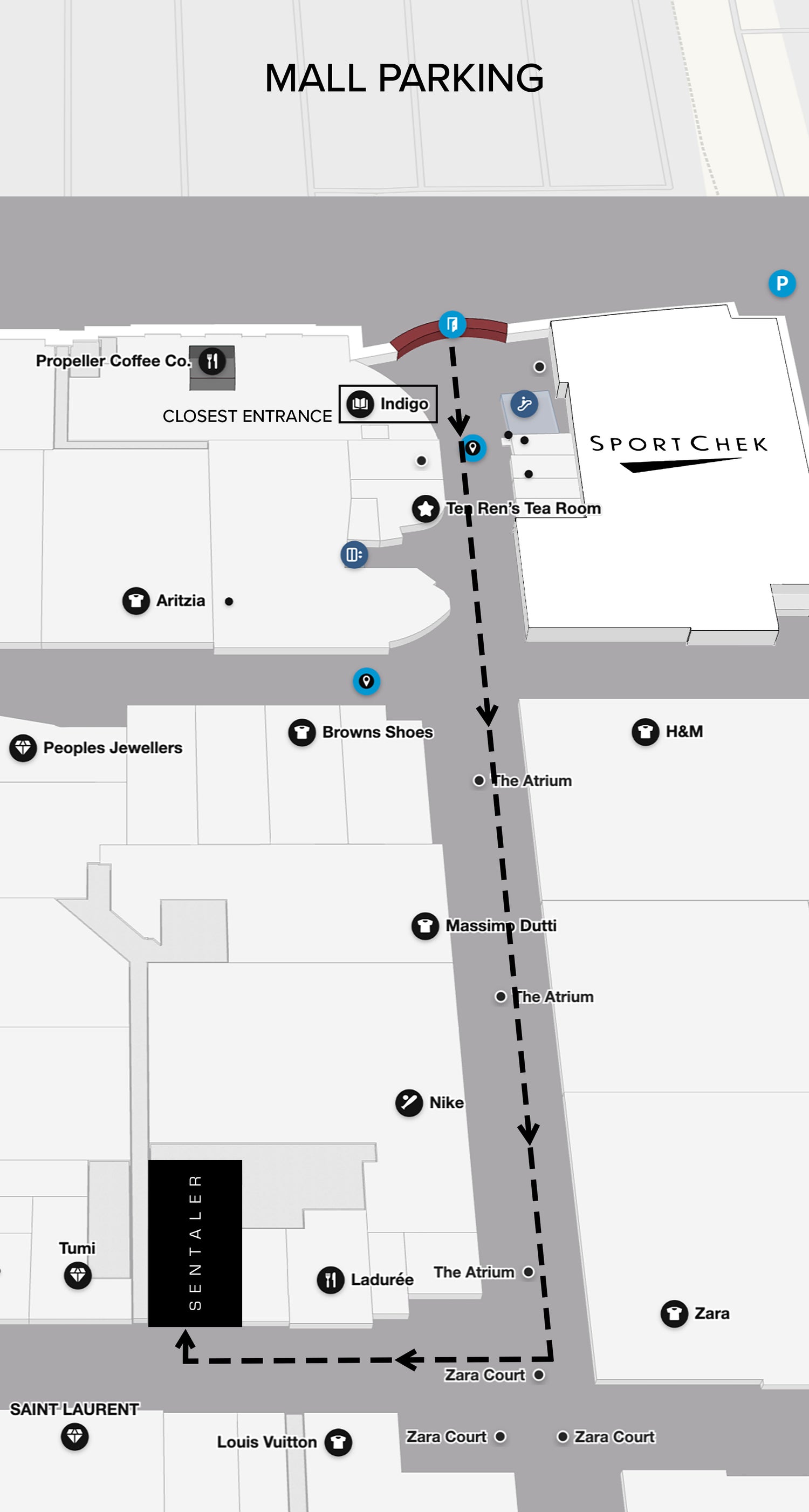Map showing directions to the SENTALER seasonal pop-up location inside Yorkdale Mall. The route starts from the mall parking area near Sport Chek and the closest entrance by Indigo and Propeller Coffee Co. It proceeds straight past Ten Ren’s Tea Room, H&M, Browns Shoes, and Massimo Dutti through The Atrium area. After passing Nike and Ladurée, the path turns left at Zara Court. The SENTALER pop-up is located between Tumi and Ladurée, across from Louis Vuitton.