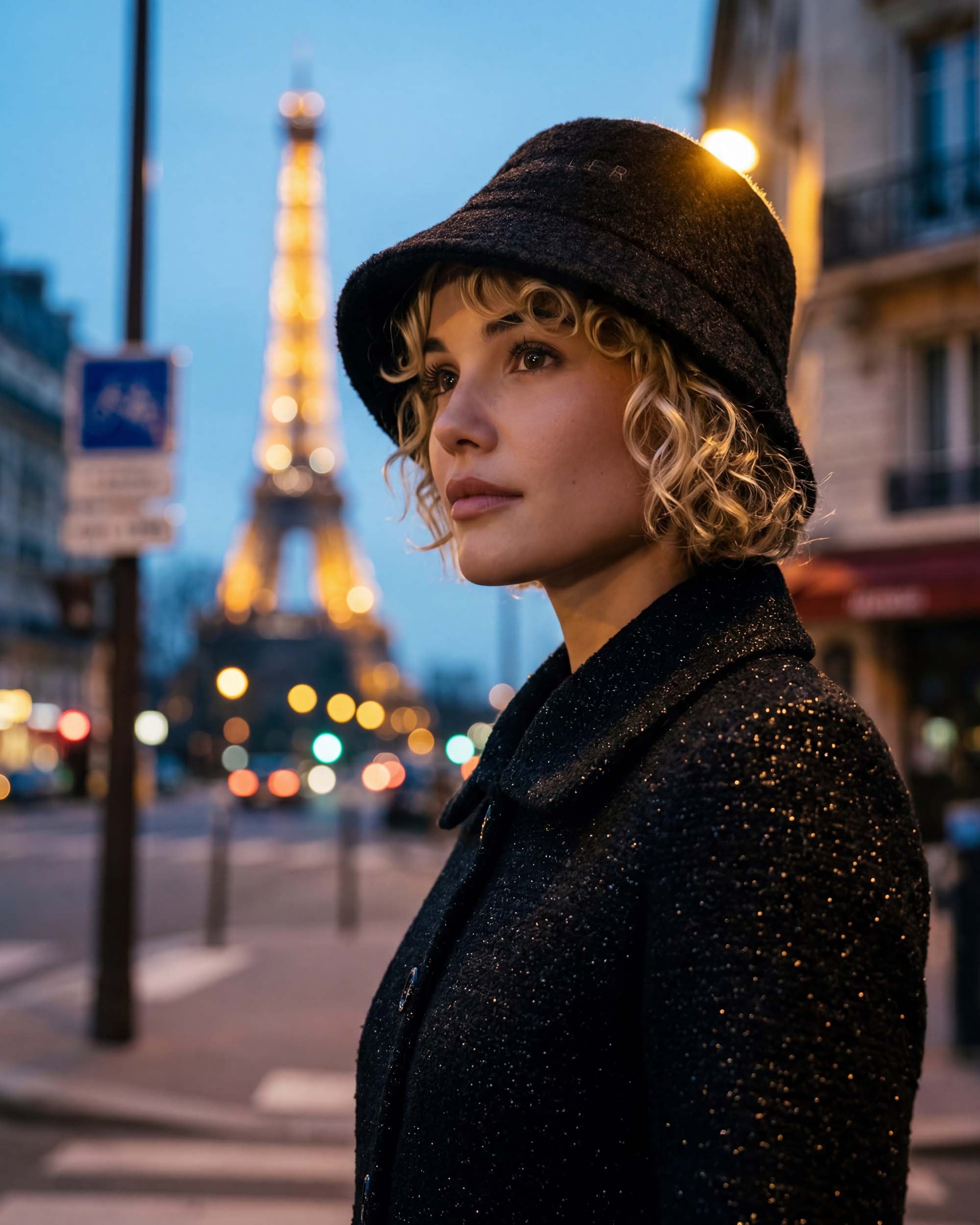 Front view of model wearing a Sentaler black glittered A-line coat made of tweed suri alpaca wool, worn buttoned.