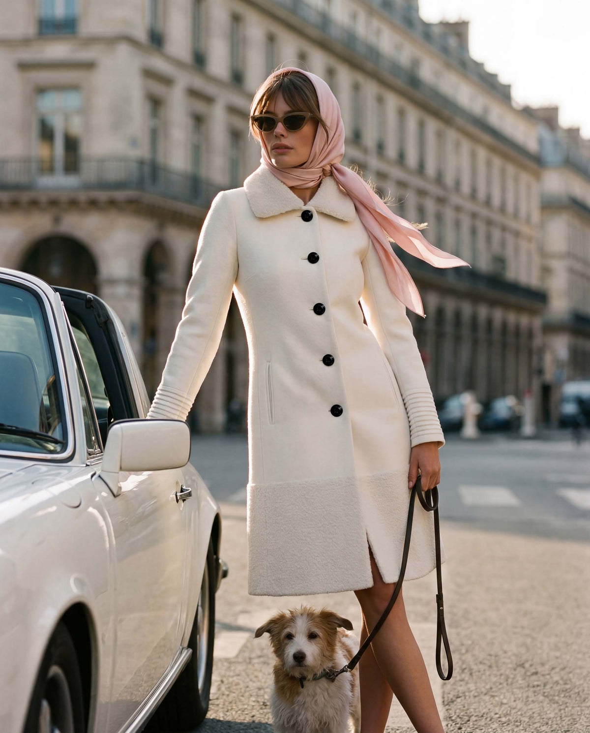 Front view of model wearing a Sentaler ivory A-line coat made of baby alpaca wool, with an empire waist, worn buttoned.