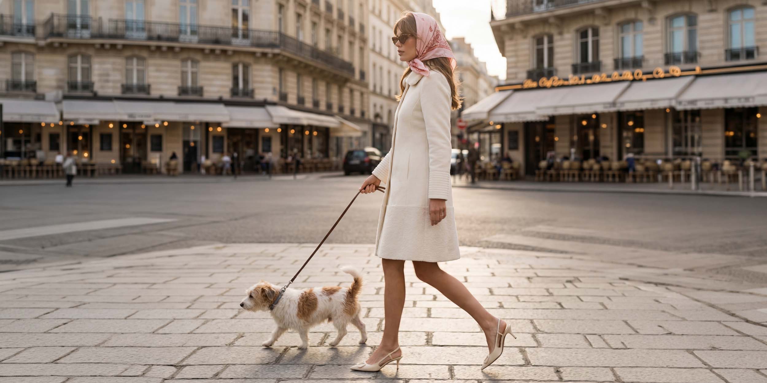 Side view of model wearing a Sentaler ivory A-line coat made of baby alpaca wool, with an empire waist, worn buttoned.