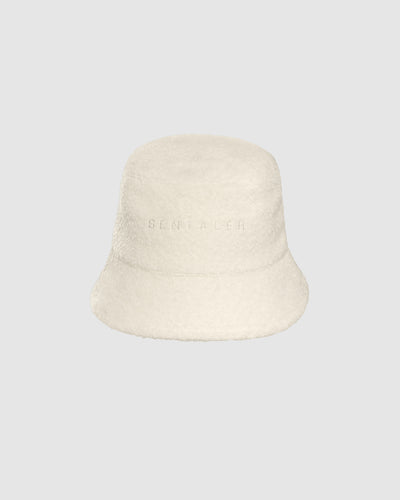 Sentaler Bouclé Alpaca Bucket Ivory Hat in Bouclé Alpaca wool. Seen as off figure.