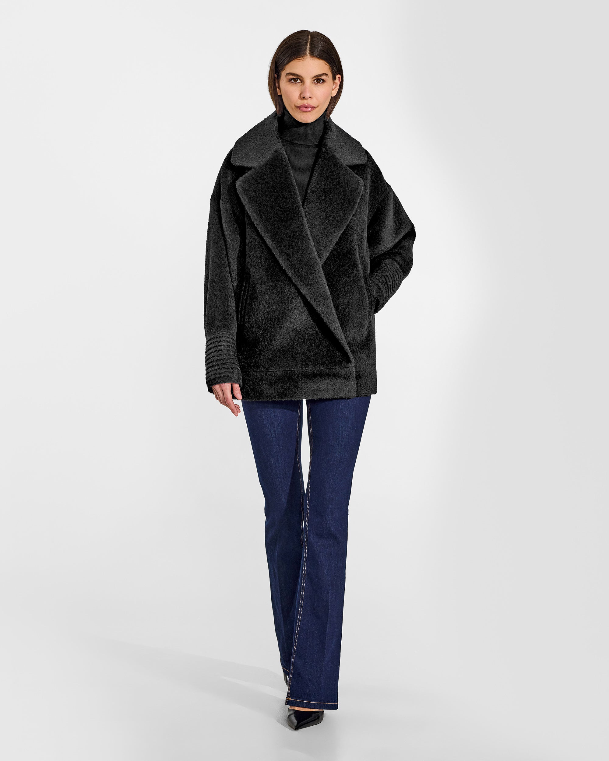 Bouclé Alpaca Aviator Black Jacket | SENTALER