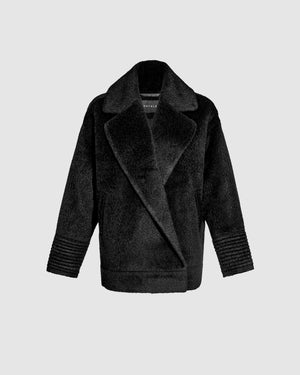 Sentaler black aviator jacket made of bouclé alpaca wool, with dropped shoulders, buttoned.