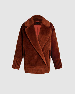 Sentaler rust brown aviator jacket made of bouclé alpaca wool, with dropped shoulders, buttoned.