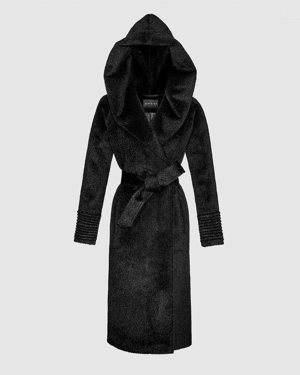 Sentaler Bouclé Alpaca Long Hooded Black Coat in Bouclé Alpaca wool. Seen as belted off figure with hood.