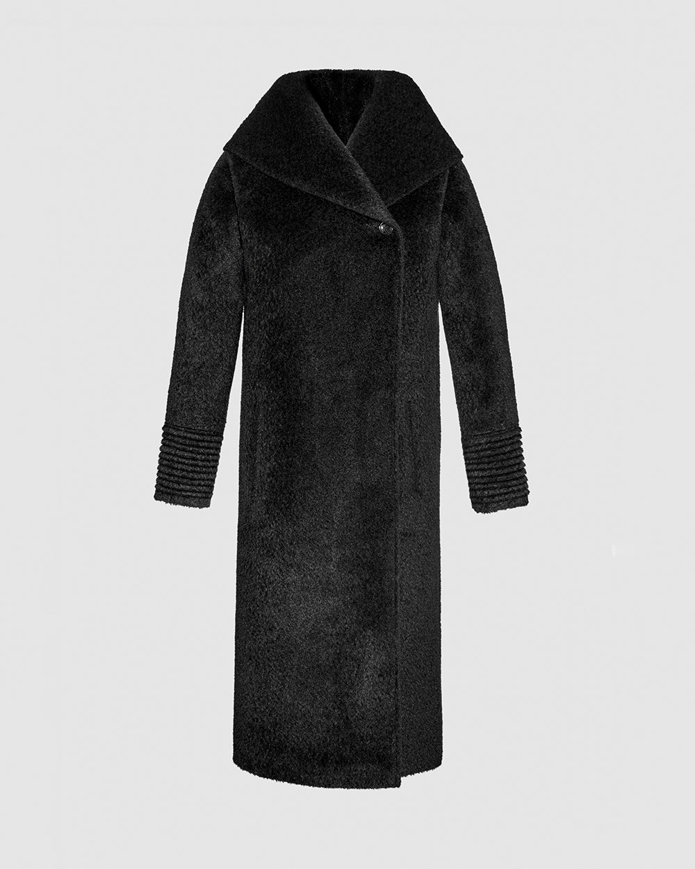 Sentaler Bouclé Alpaca Long Hooded Black Coat in Bouclé Alpaca wool. Seen as off figure.