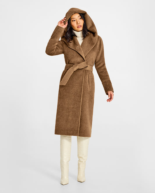 Sentaler Bouclé Alpaca Long Hooded Dark Camel Coat in Bouclé Alpaca wool. Seen from front belted with hood on female model.