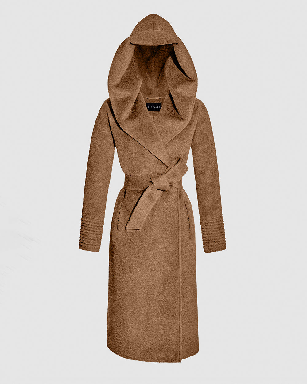 Sentaler Bouclé Alpaca Long Hooded Dark Camel Coat in Bouclé Alpaca wool. Seen as belted off figure with hood.