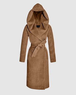 Sentaler long dark camel coat made of bouclé alpaca wool with a hooded collar, belted.