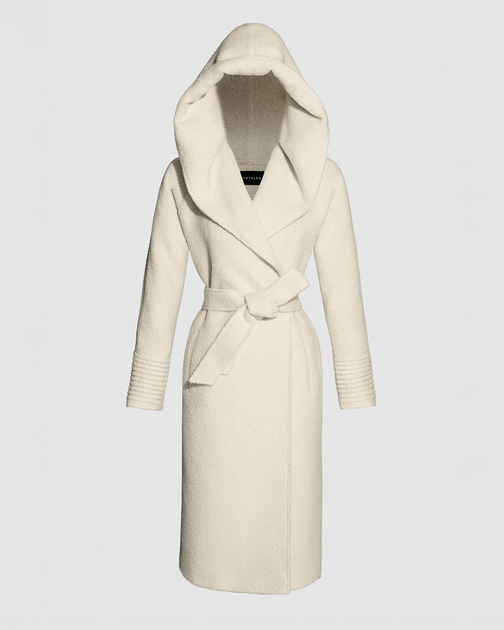 Sentaler Bouclé Alpaca Long Hooded Ivory Coat in Bouclé Alpaca wool. Seen as belted off figure with hood.