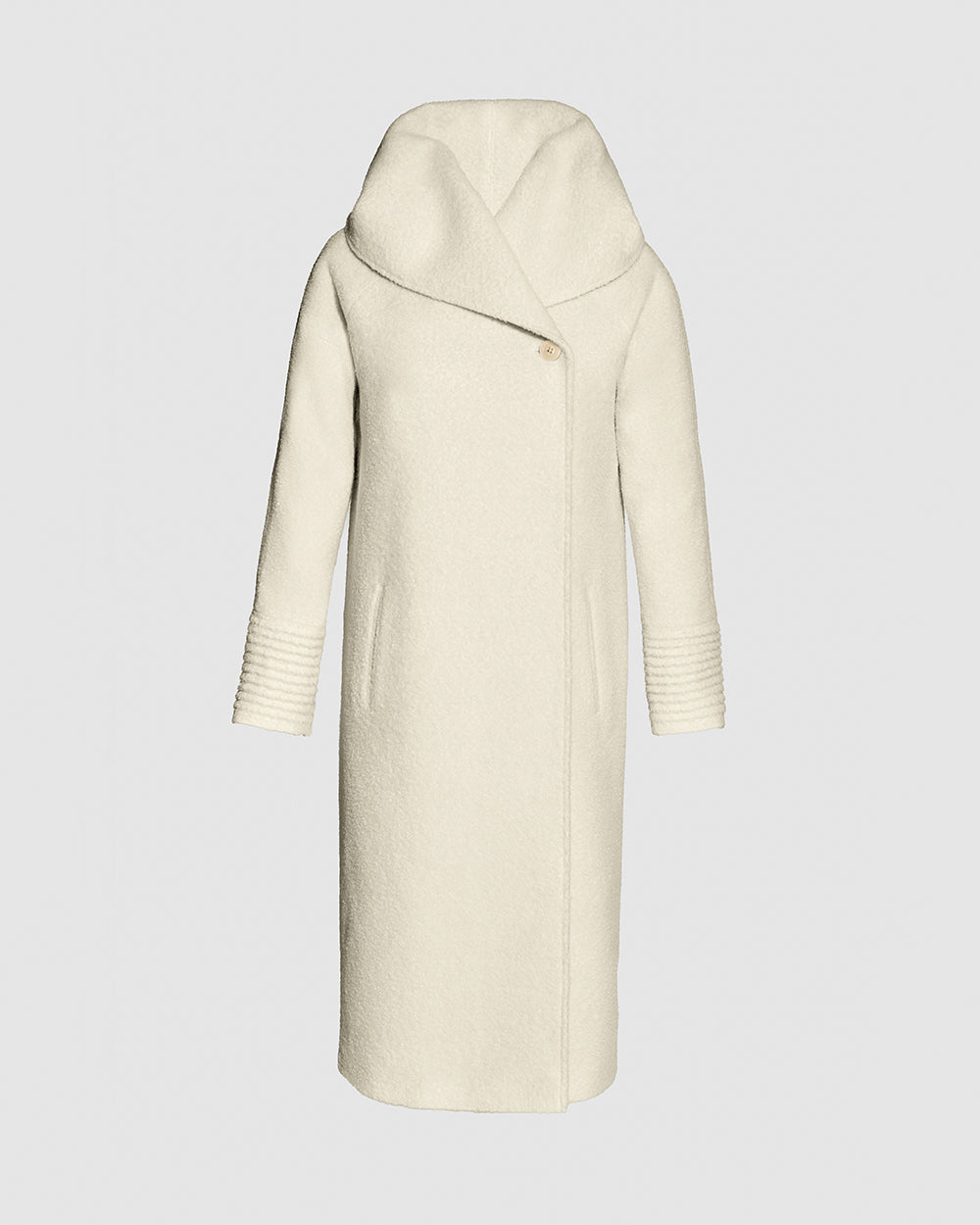 Sentaler Bouclé Alpaca Long Hooded Ivory Coat in Bouclé Alpaca wool. Seen as off figure.