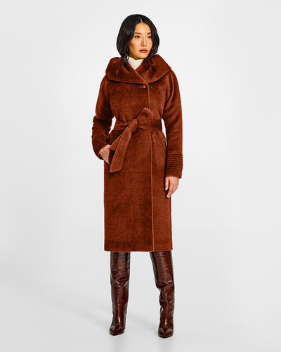 Sentaler Bouclé Alpaca Long Hooded Rust Coat in Bouclé Alpaca wool. Seen from front belted on female model.