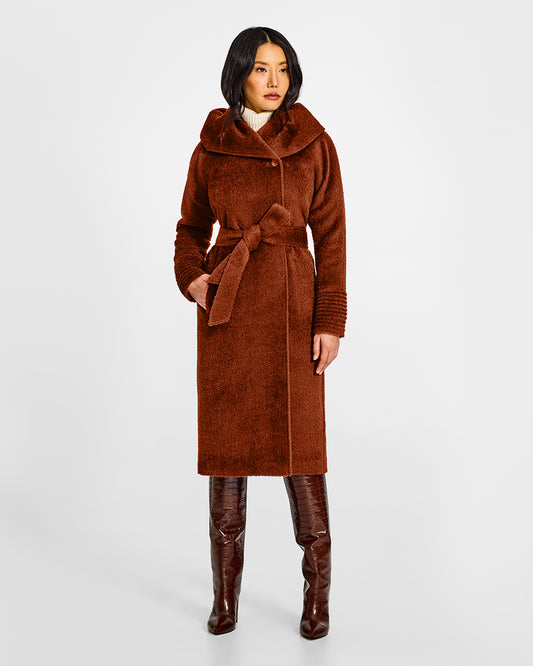 Sentaler Bouclé Alpaca Long Hooded Rust Coat in Bouclé Alpaca wool. Seen from front belted on female model.