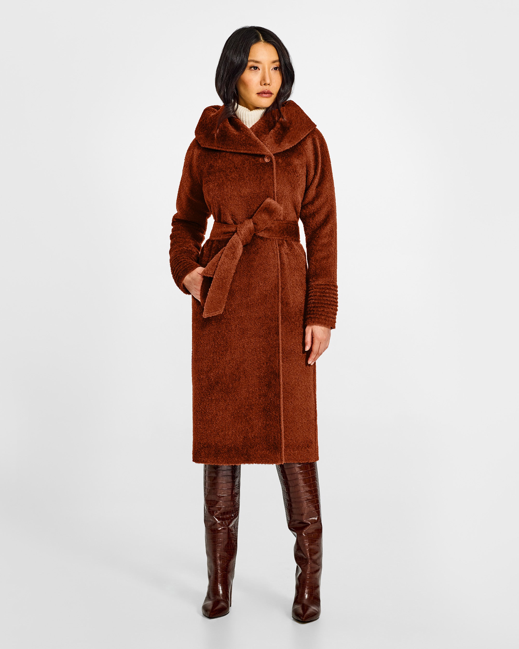 Bouclé Alpaca Long Hooded Rust Coat | SENTALER