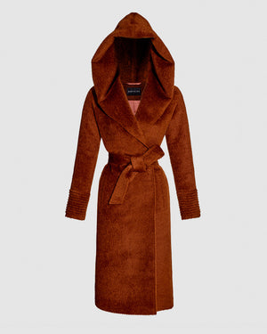 Sentaler long rust brown coat made of bouclé alpaca wool with a hooded collar, belted.