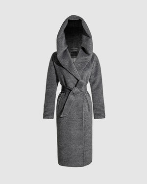 Sentaler long grey mélange coat made of bouclé alpaca wool with a hooded collar, belted with hood.