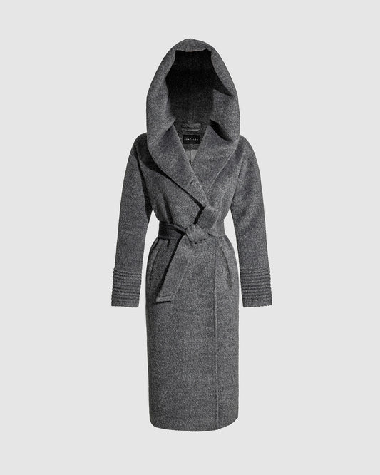 Sentaler long grey mélange coat made of bouclé alpaca wool with a hooded collar, belted with hood.