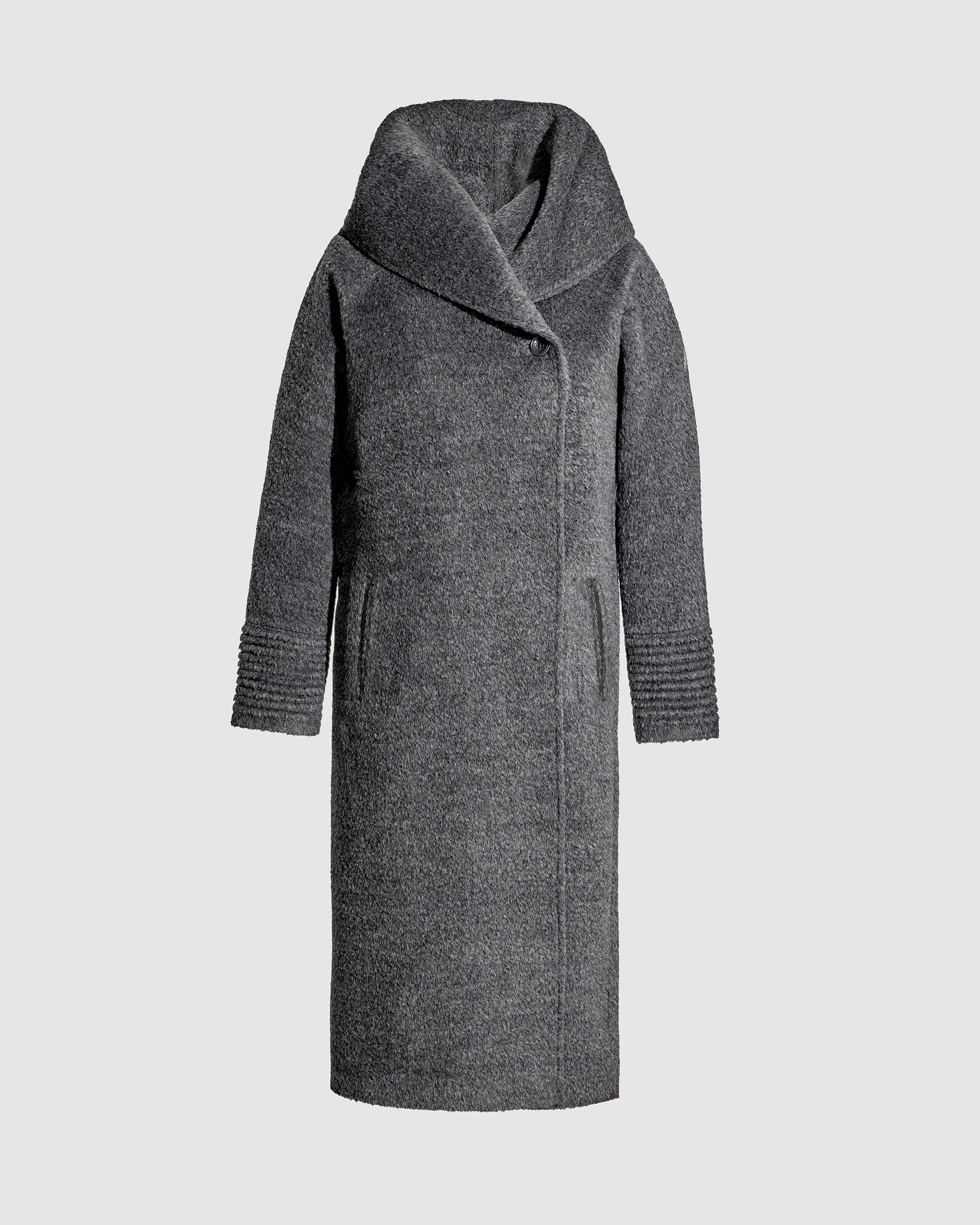 Sentaler long grey mélange coat made of bouclé alpaca wool with a hooded collar, belted buttoned.
