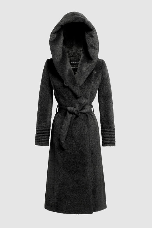 Sentaler Bouclé Alpaca Long Hooded Wrap Coat featured in Bouclé Alpaca and available in Black. Seen as off figure belted.