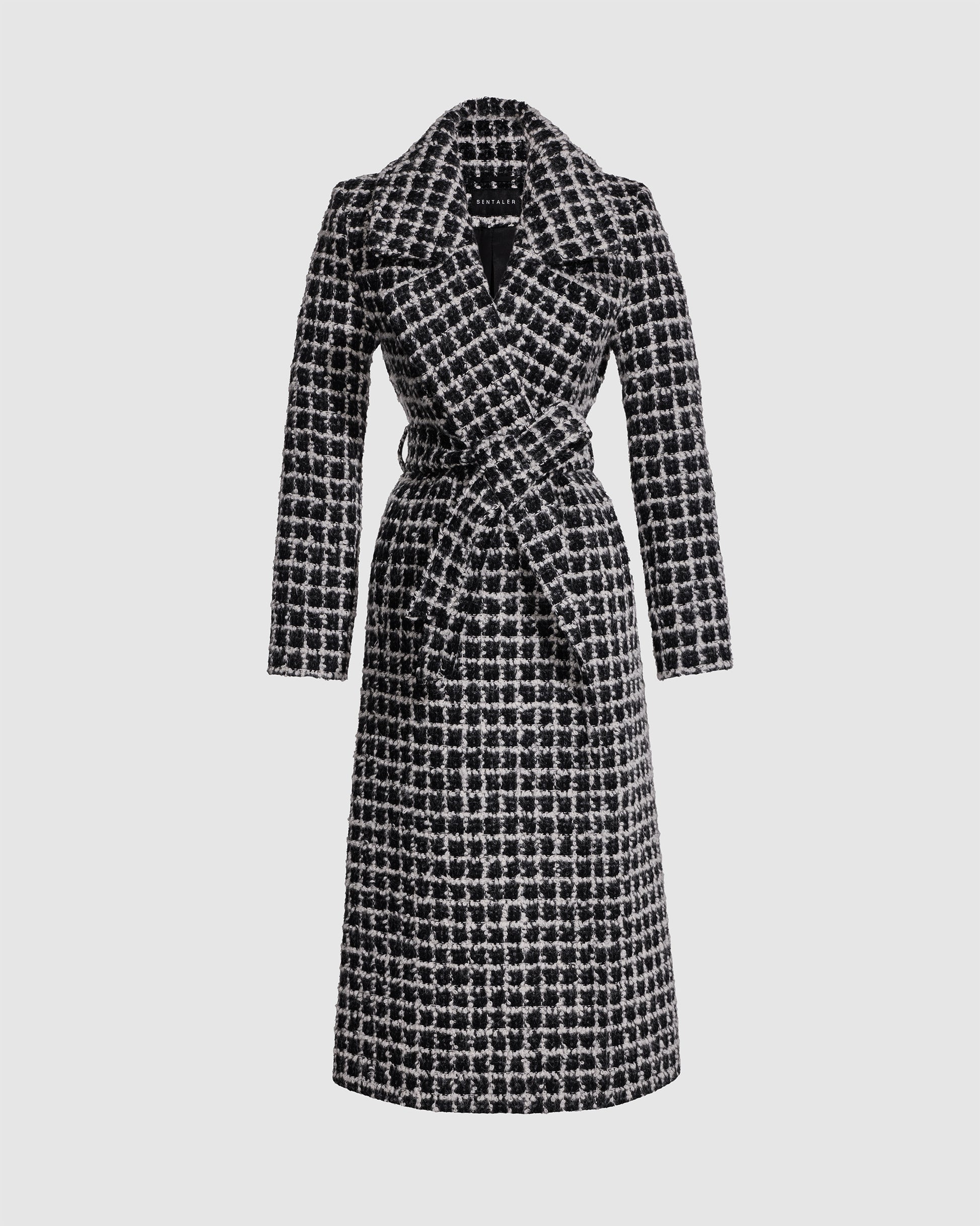 Sentaler black check wrap coat made of suri alpaca wool with a notched collar, belted.