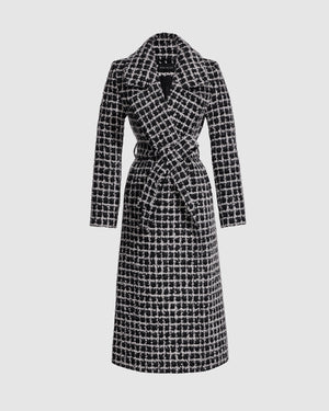 Sentaler black check wrap coat made of suri alpaca wool with a notched collar, belted.