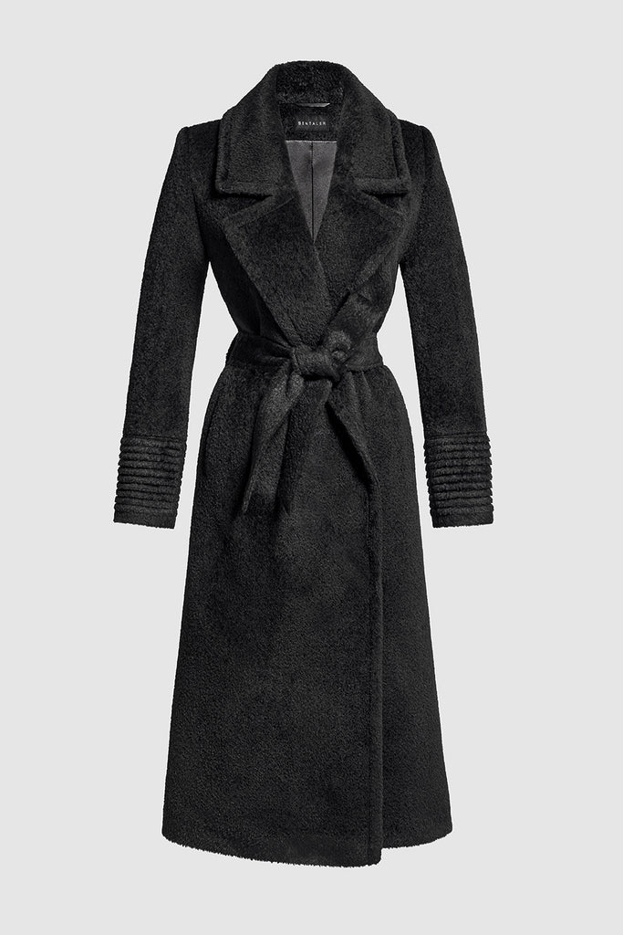 Bouclé Alpaca Long Notched Collar Wrap Black Coat | SENTALER