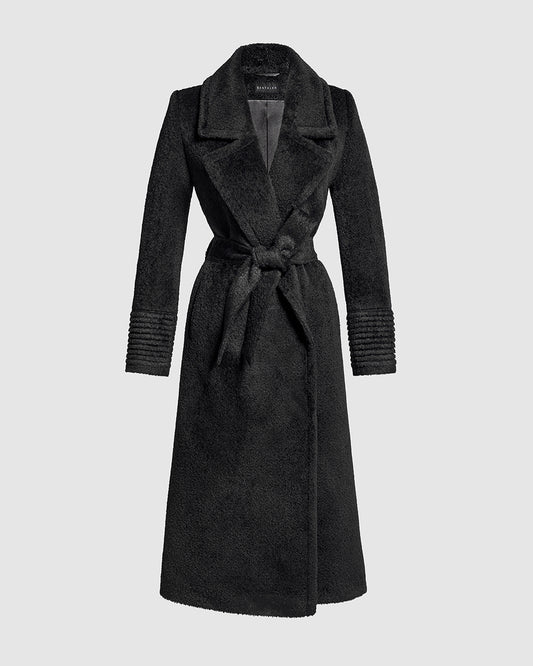 Sentaler Bouclé Alpaca Long Notched Collar Wrap Black Coat in Bouclé Alpaca wool. Seen as belted off figure.