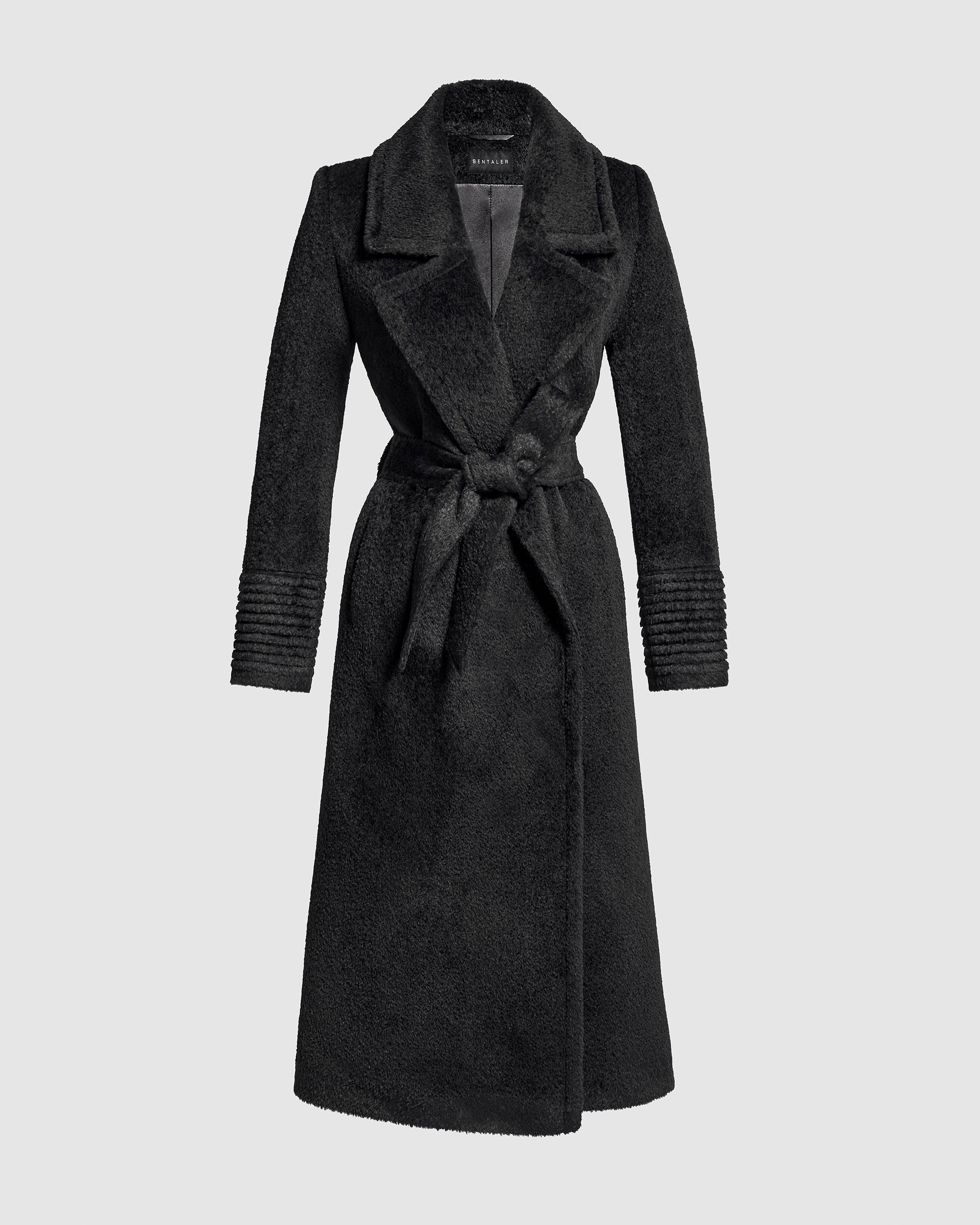 Bouclé Alpaca Long Notched Collar Wrap Black Coat | SENTALER