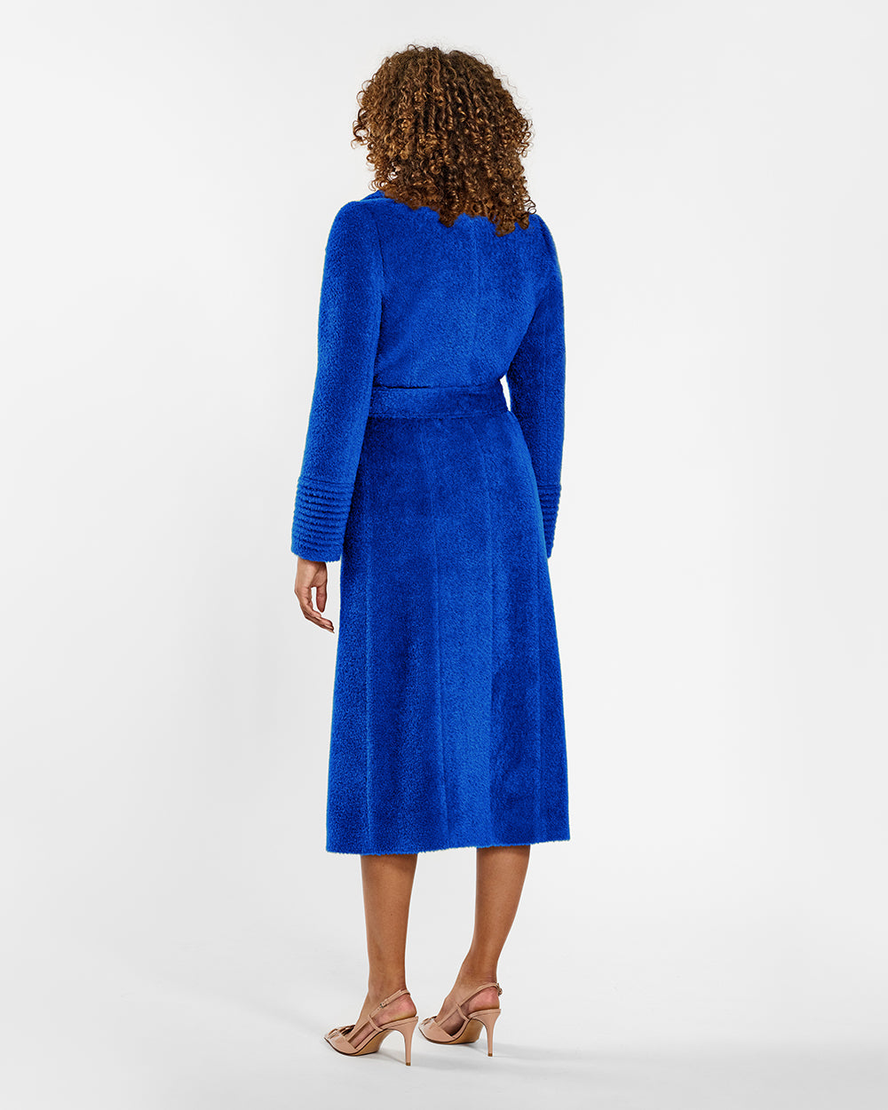 Sentaler Bouclé Alpaca Long Notched Collar Wrap Cobalt Blue Coat in Bouclé Alpaca wool. Seen from back belted on female model.