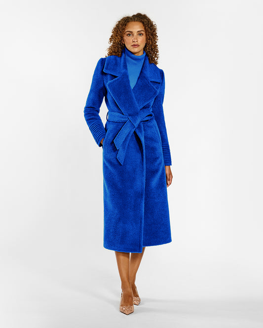 Sentaler Bouclé Alpaca Long Notched Collar Wrap Cobalt Blue Coat in Bouclé Alpaca wool. Seen from front belted on female model.