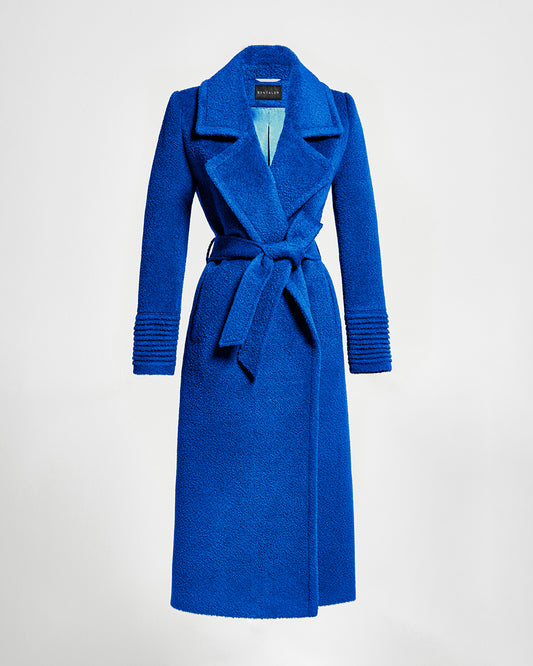 Sentaler Bouclé Alpaca Long Notched Collar Wrap Cobalt Blue Coat in Bouclé Alpaca wool. Seen as belted off figure.