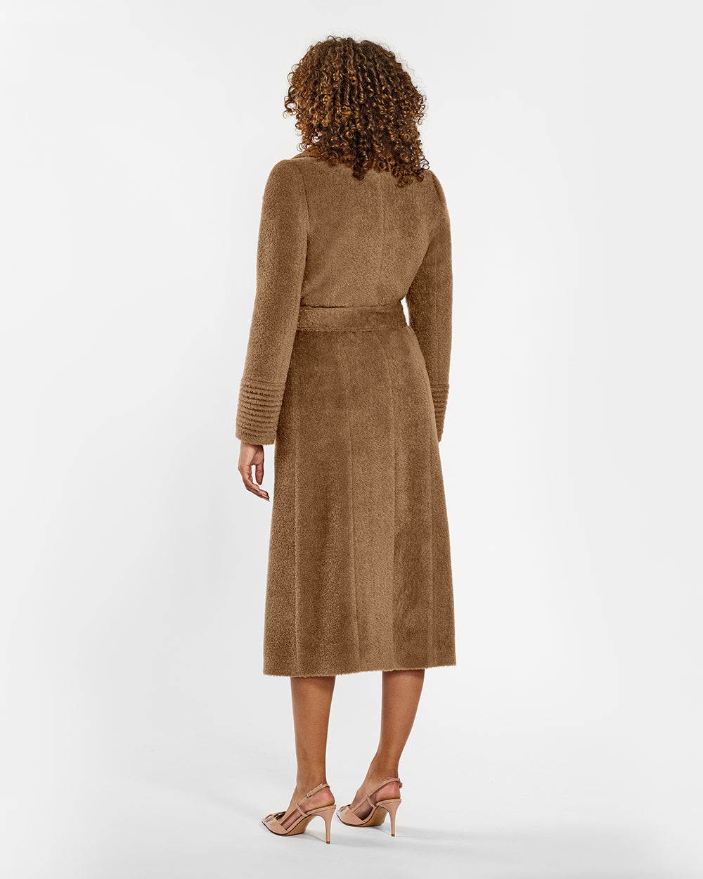 Sentaler Bouclé Alpaca Long Notched Collar Wrap Dark Camel Coat in Bouclé Alpaca wool. Seen from back belted on female model.