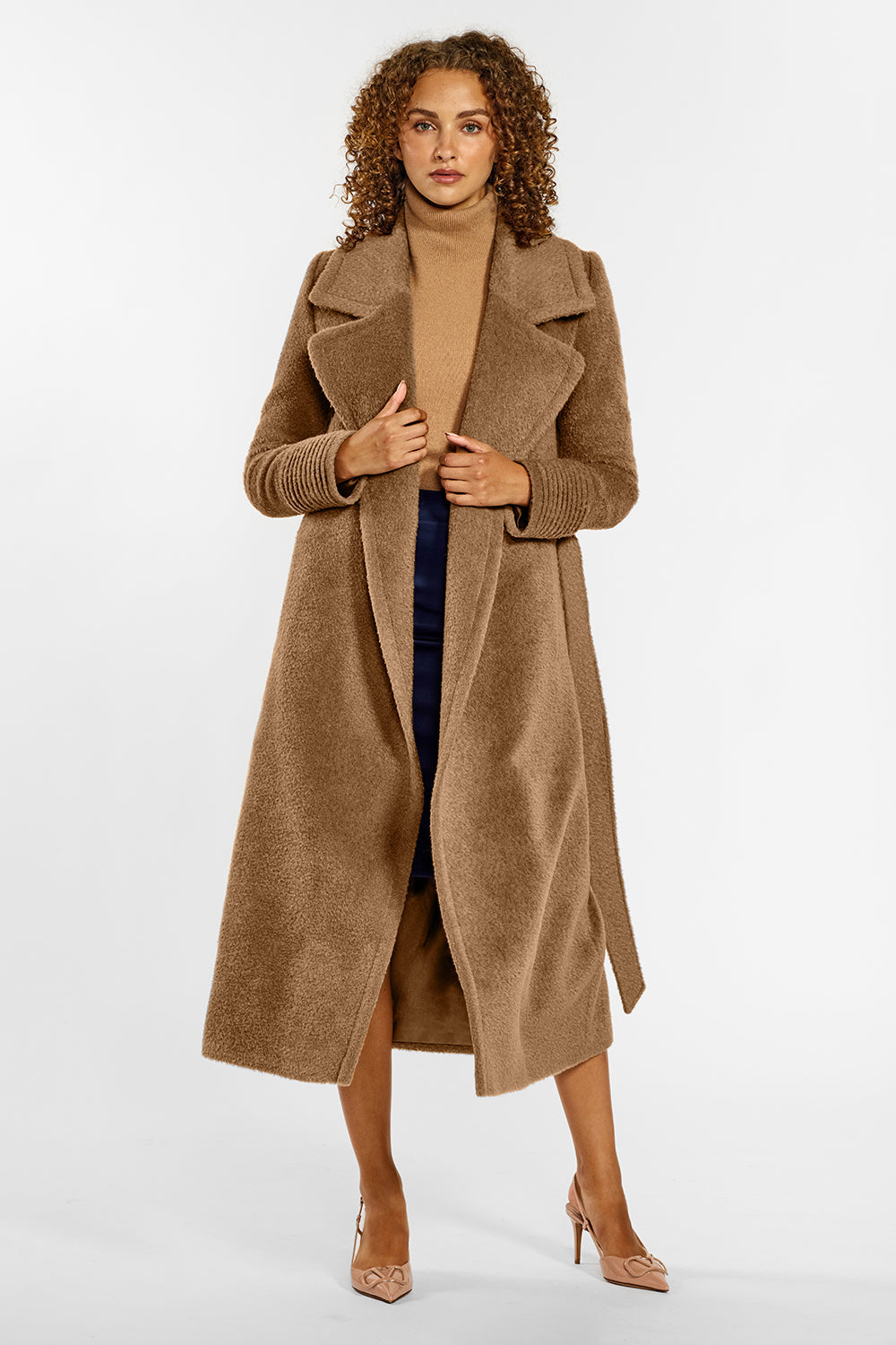 Bouclé Alpaca Notched Collar Wrap Dark Camel Coat | SENTALER