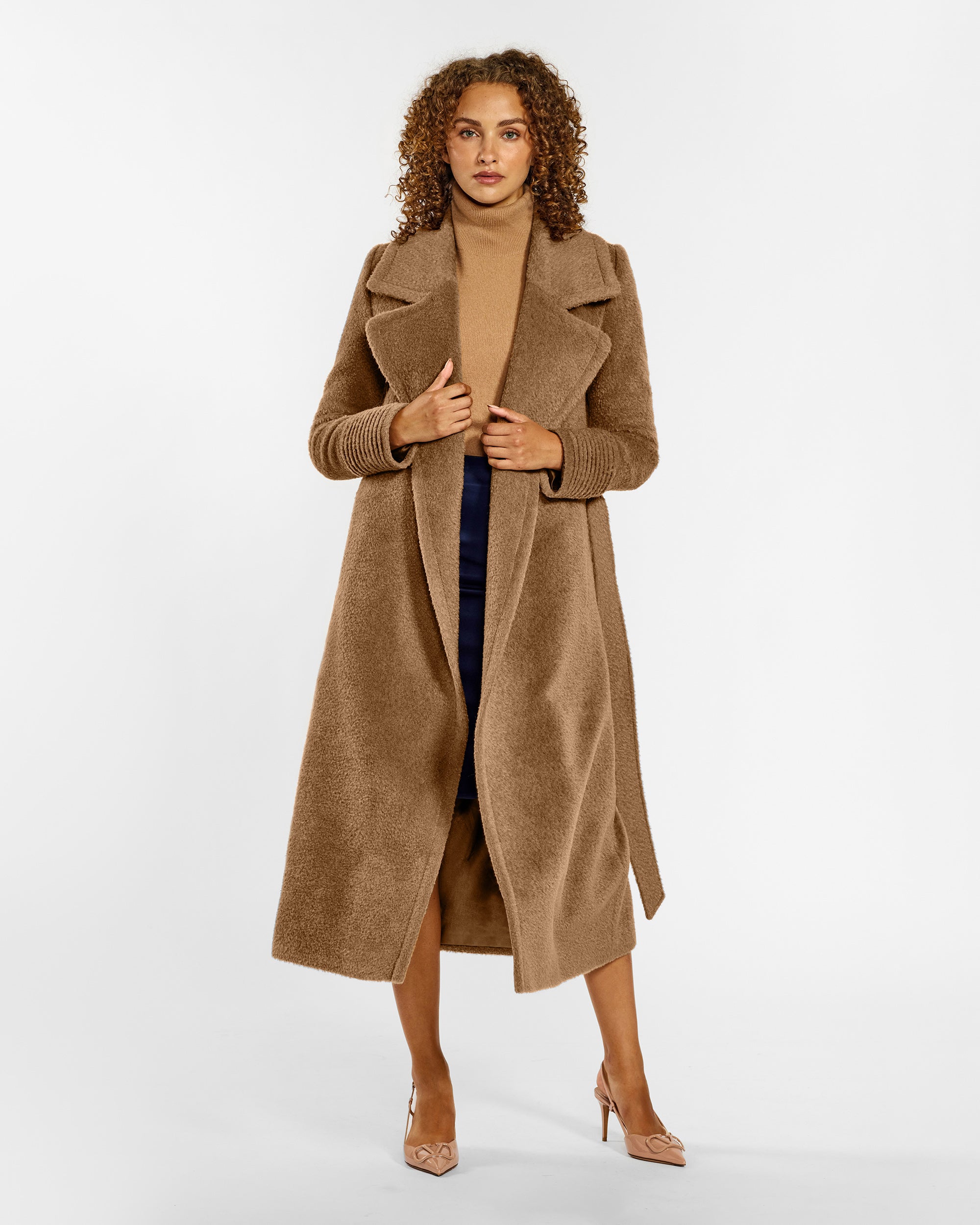 Bouclé Alpaca Notched Collar Wrap Dark Camel Coat | SENTALER