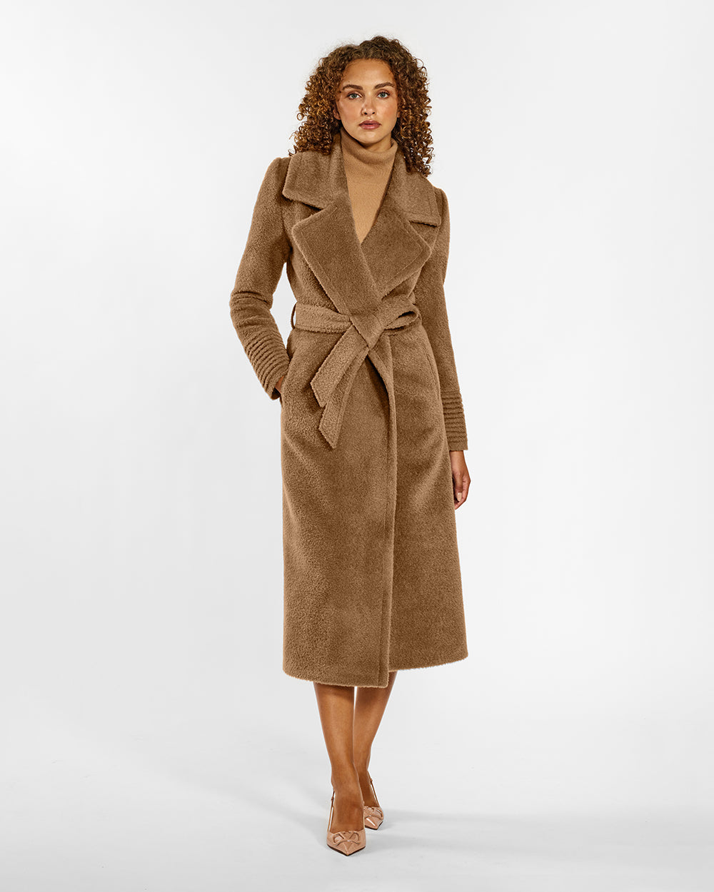 Sentaler Bouclé Alpaca Long Notched Collar Wrap Dark Camel Coat in Bouclé Alpaca wool. Seen from front belted on female model.