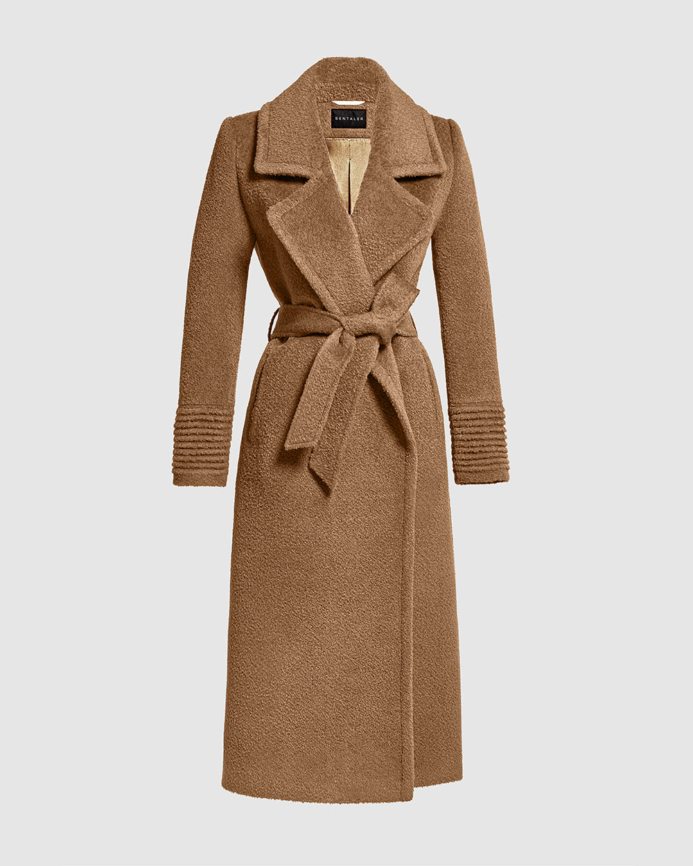 Sentaler Bouclé Alpaca Long Notched Collar Wrap Dark Camel Coat in Bouclé Alpaca wool. Seen as belted off figure.