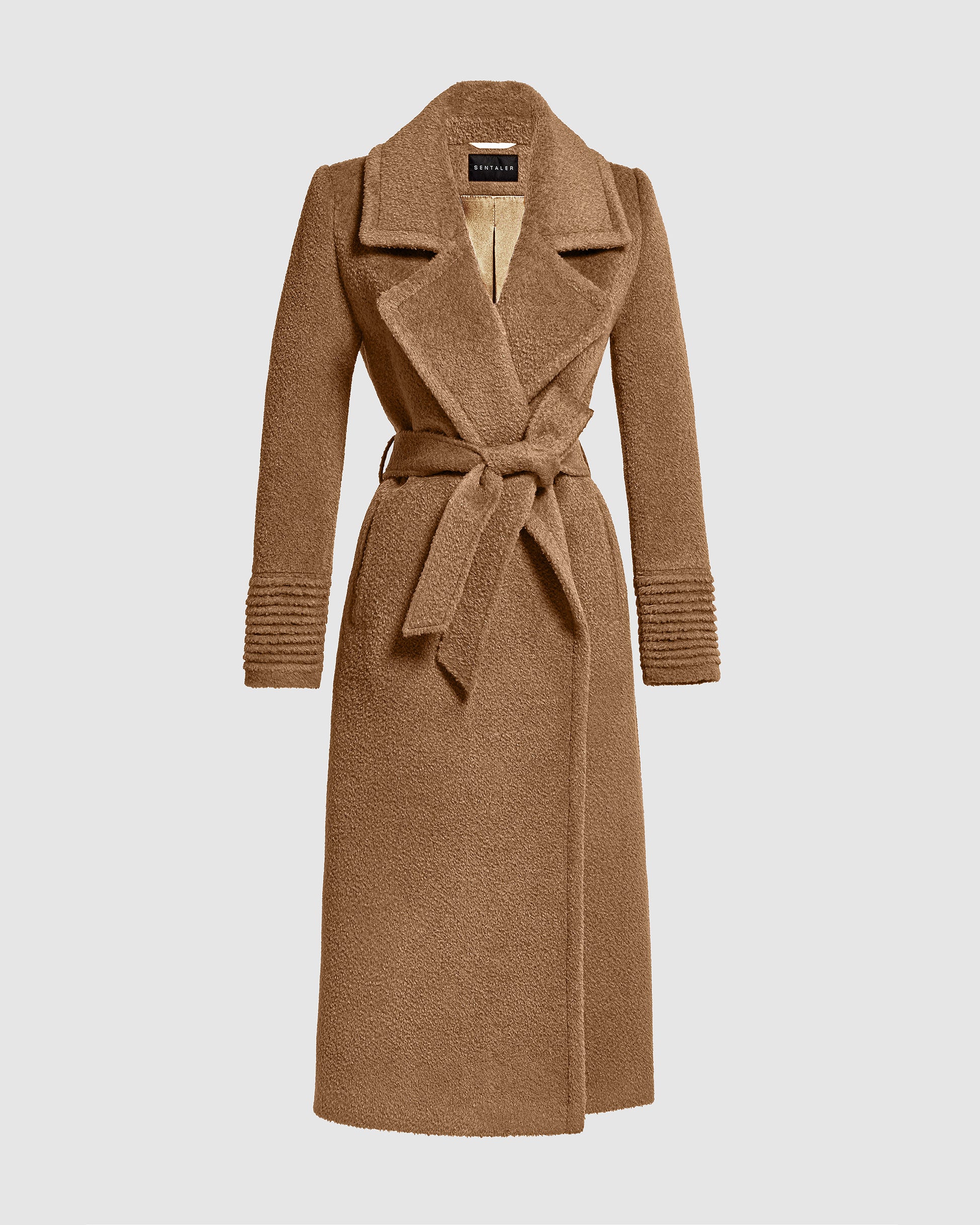 Sentaler dark camel wrap coat made of bouclé alpaca wool with a notched collar, belted.